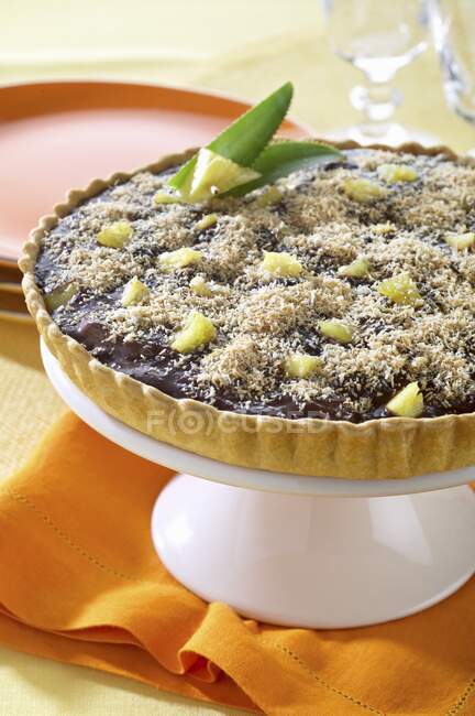 An exotic tart with dark chocolate cream, pineapple and coconut — Stock Photo