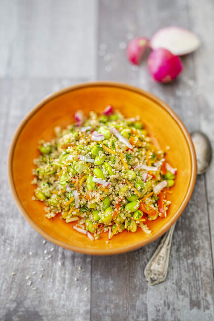 Salad with edamame, quinoa, radishes and amaranth pops — Stock Photo