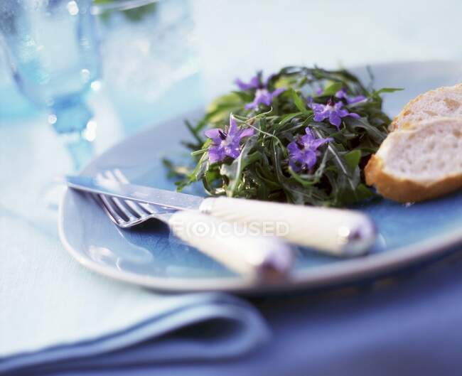 Salada de foguete com flores de borragem e fatias de baguete — Fotografia de Stock