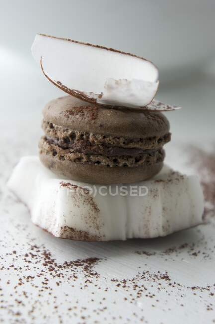 Chocolate macaron between two pieces of fresh coconut — Stock Photo
