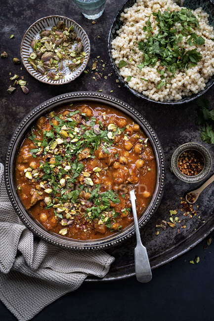 Lamb tagine with apricots and chickpeas, top view — Stock Photo
