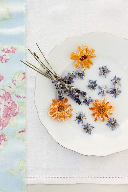 Sugared flowers on a vintage plate — Stock Photo