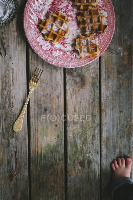 A brocante French plate with waffles and powdered sugar — Stock Photo