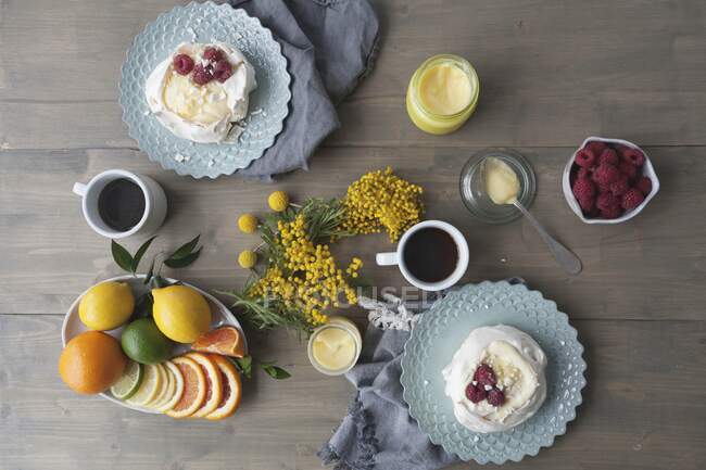 Nidos de merengue con cuajada de limón, cítricos y frambuesas - foto de stock