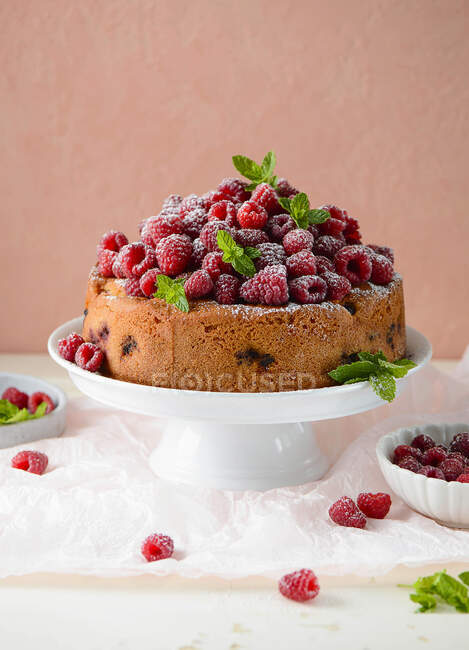 Raspberry yoghurt cake on a cake stand — Stock Photo