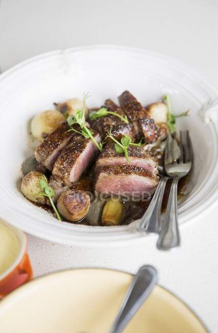 Steak de bœuf tranché aux oignons — Photo de stock