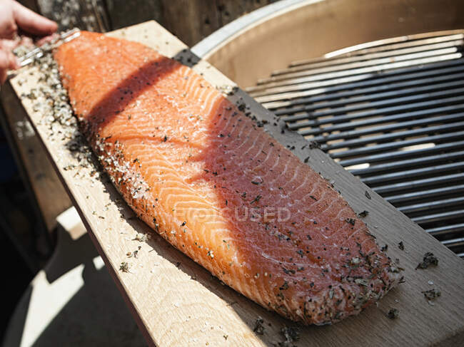 A salmon side on a wooden plank for grilling — Foto stock