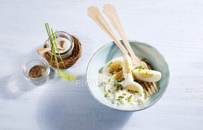 Insalata di uova con erba cipollina, sale e pepe — Foto stock
