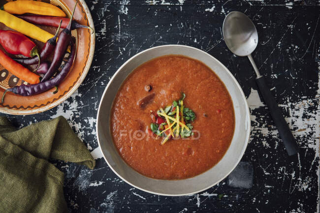 Gazpacho mit frischen Tomaten, Zwiebeln, Knoblauch und frischen Chilischoten — Stockfoto