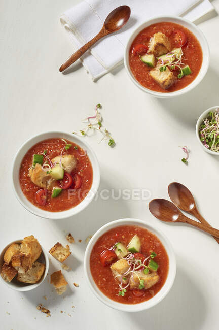 Gazpacho with croutons and shoots (seen from above) — Stock Photo