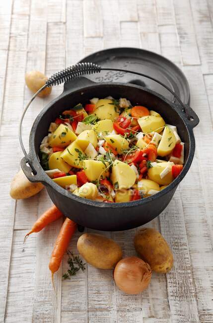 Рагу из овощей и картофеля в металлическом горшке — стоковое фото
