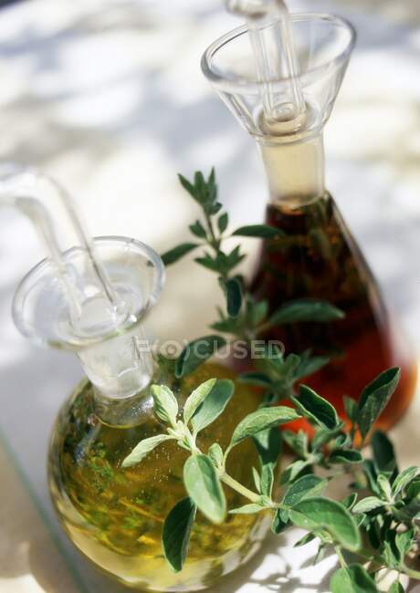 Herb oil and vinegar in carafes — Stock Photo