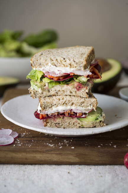 Avocado vegetable sandwiches stacked on plate — Stock Photo