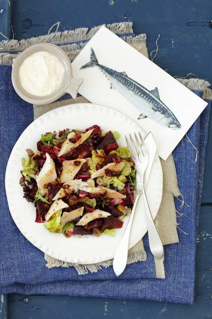 Beetroots and smoked trout salad with mustard cranberry sauce — Stock Photo