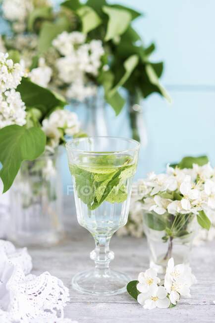 Vaso de bebida con hojas de menta rodeadas de flores - foto de stock