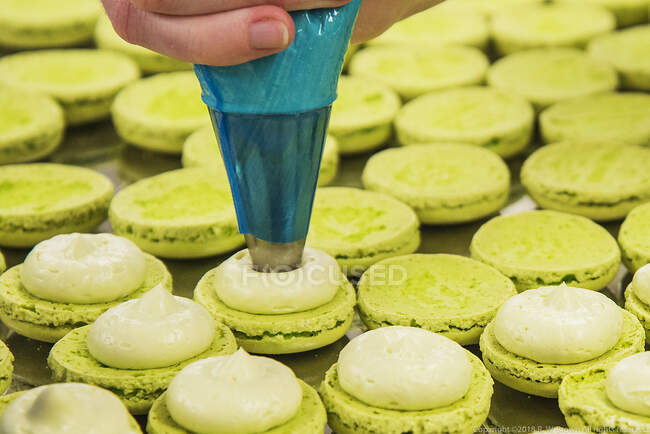 Hand filling green macarons with cream — Stock Photo