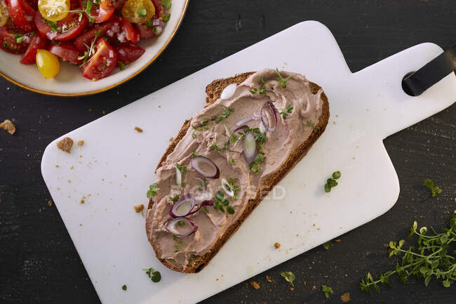 Fatia de pão espalhada com paté de fígado e cebolinha servida com salada de tomate — Fotografia de Stock
