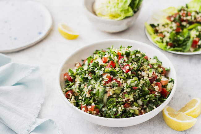Tabbouleh salad served on Romain lettuce — Stock Photo