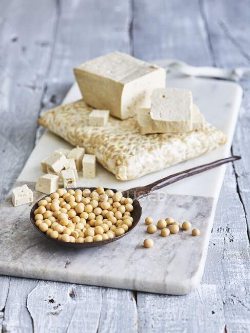 Tofu et fèves de soja sur un panneau de marbre — Photo de stock