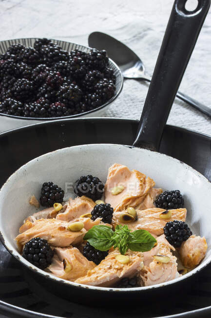Pulled salmon with blackberries and pine nuts — Stock Photo