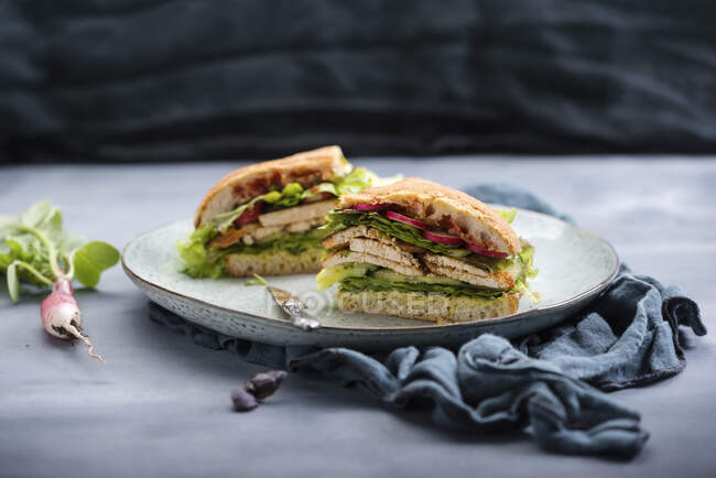 Веганский сэндвич с чиабаттой с тофу и салатом — стоковое фото