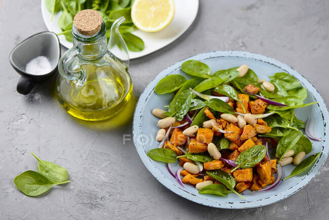 Süßkartoffelsalat mit weißen Bohnen und Spinat — Stockfoto