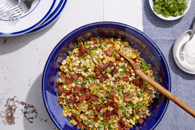 Spicy Fried Corn with Bacon and Chipotle — Stock Photo
