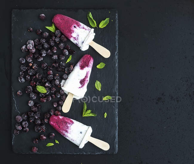 Black-currant and cream ice-creams or popsicles with frozen black-currant and mint on black slate tray over dark grunge backdrop — Stock Photo