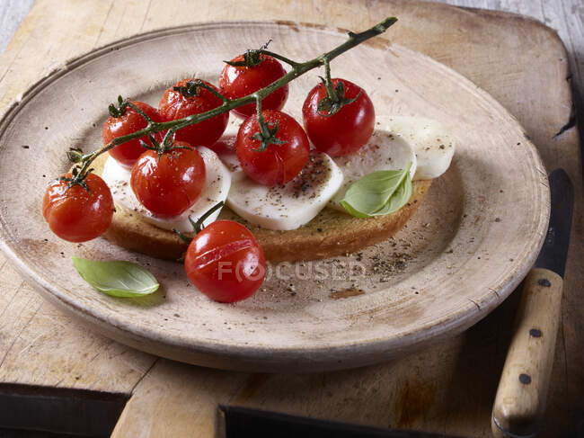 Slice of bread topped with tomatoes, mozzarella and basil — Stock Photo