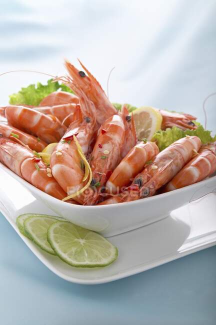 Cooked prawns in a porcelain bowl — Stock Photo