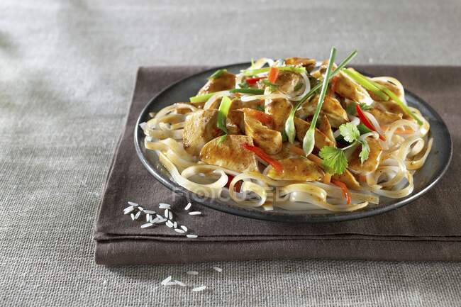 Thai-style chicken on bed of rice noodles — Stock Photo