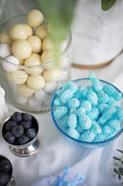 Süßigkeiten und Blaubeeren auf einem maritimen Themenbuffet — Stockfoto