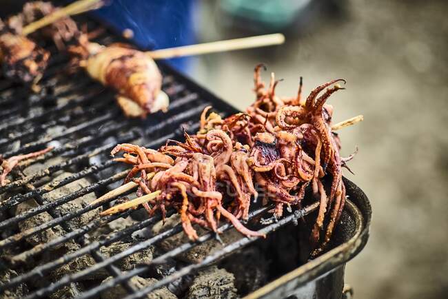Calamari pieces on a grill in a street kitchen — Stock Photo