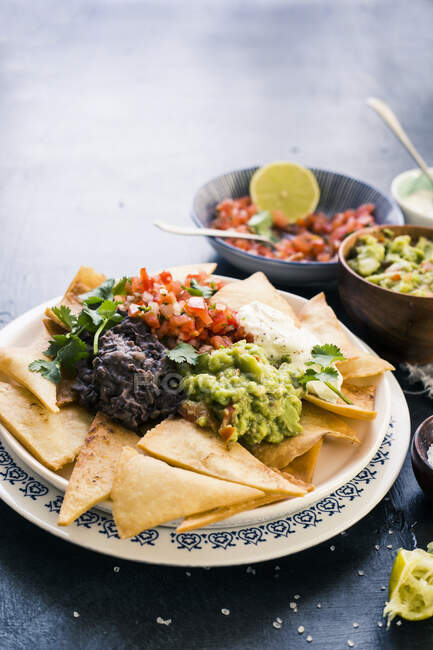 Home made nachos with four toppings — Stock Photo
