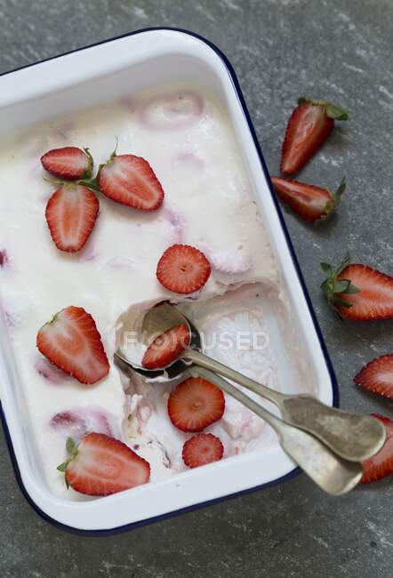 Tiramisu dessert in tin with fresh strawberries — Stock Photo