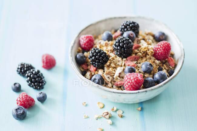 Bowl of granola with fresh blueberries, blackberries and raspberries — Stock Photo