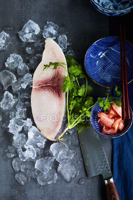 Filete de pez espada sobre hielo junto al cilantro, un cuchillo y un tazón oriental - foto de stock