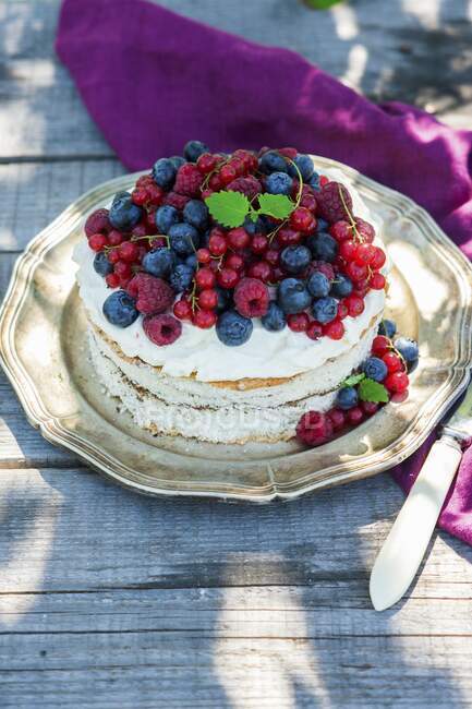 Sponge cake with cream cheese and berries — Stock Photo