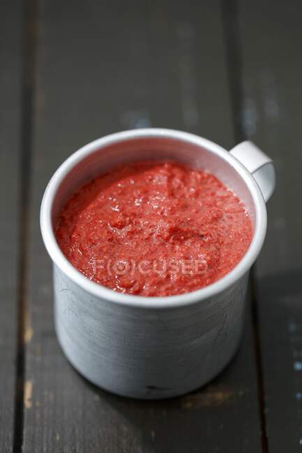 Homemade beetroot and walnut pesto in a metal cup — Stock Photo