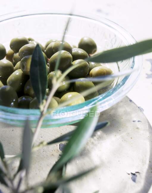 Зеленые оливки в стеклянной тарелке — стоковое фото