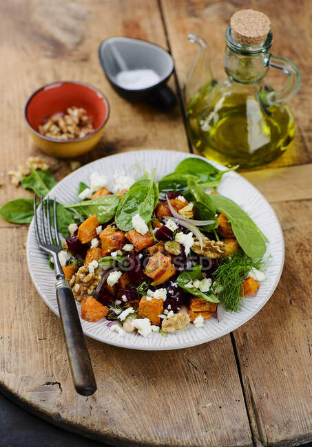 Sweet potatoes salad with vegetables and goat's cheese — Stock Photo