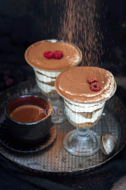 Tiramisu being sprinkled with cocoa powder — Stock Photo