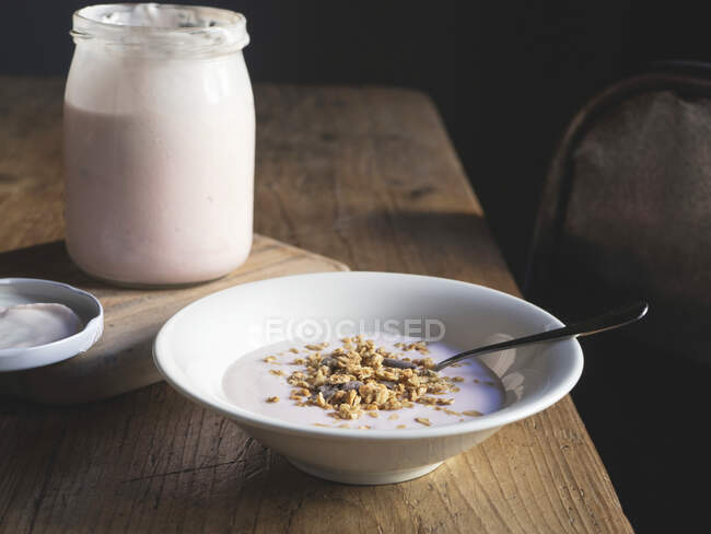 Yoghurt with muesli, closeup shot — Stock Photo
