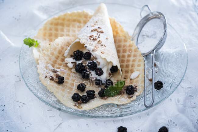 Gaufres à la crème vanille végétalienne, mûres et muesli croquant — Photo de stock