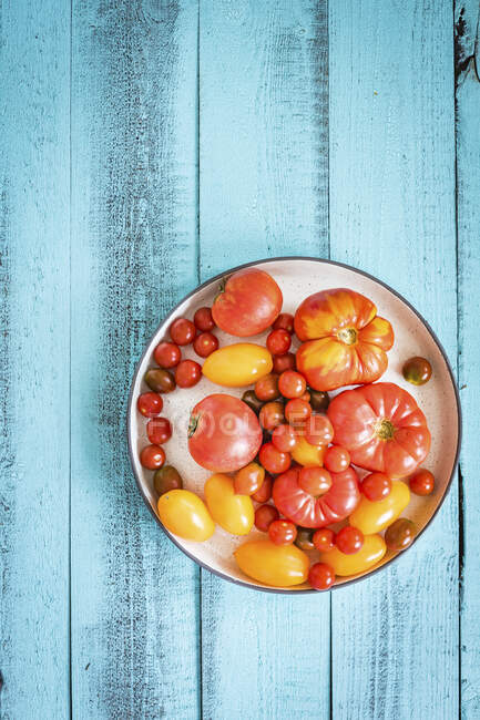 Bunte Tomaten auf einem blauen Holztisch — Stockfoto