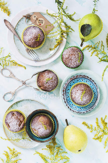 Pear muffins with ginger, flat lay — Stock Photo