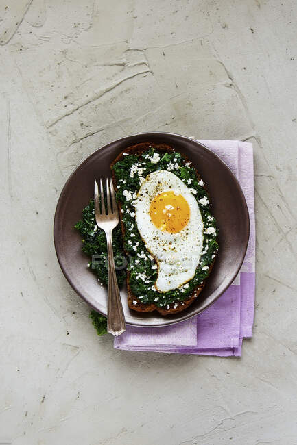Fried egg sandwich with rye bread, kale and feta cheese on concrete background — Stock Photo