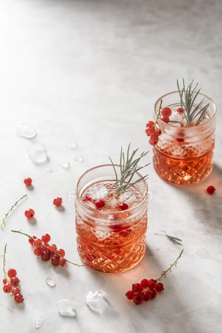 Redcurrants cordial cocktails in glasses with fresh redcurrants — Stock Photo