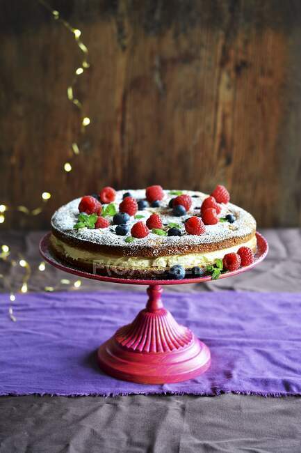 Biscuit cake with forest fruits and cream on a stand — Stock Photo