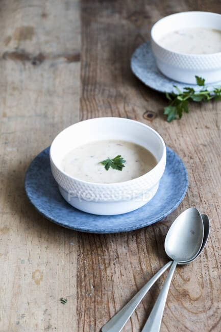 Кокосовий суп у двох білих мисках з коріандрою — стокове фото
